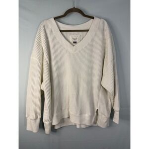 American Eagle Waffle Knit Sweater Womens Large White V-Neck Oversized Thermal